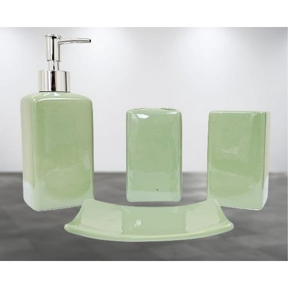 4 Pieces Bathroom Countertop Set Ceramic Accessories Solid Colors Soap Dispenser Soap Dish Toothbrush Holder Toothpaste Holder (Sage Green)