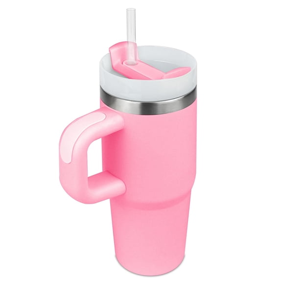 Travel Tumbler 14oz, Insulated Stainless Steel Cup with Handle, Chew Resistant Straw, Spill Proof for Highchair, Stroller, Sports, Pink