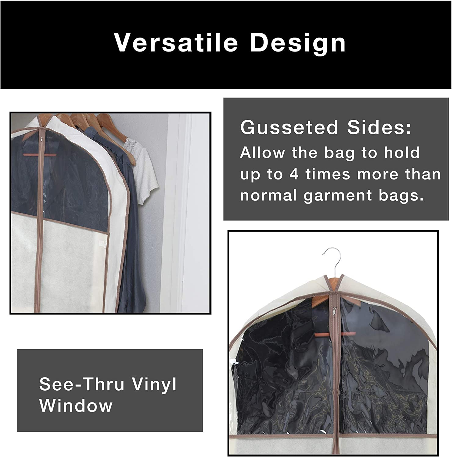 Smart Design Gusseted Garment Bag with Clear Window - Set of 6 - 24 x 54 Inch - Includes Zipper Closure and Travel Loop - Suits, Dresses, and Gowns Storage Organization - Beige