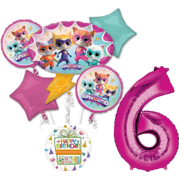 Anagram SuperKitties 6th Birthday Party Supplies 7pc Balloon Bouquet Decorations