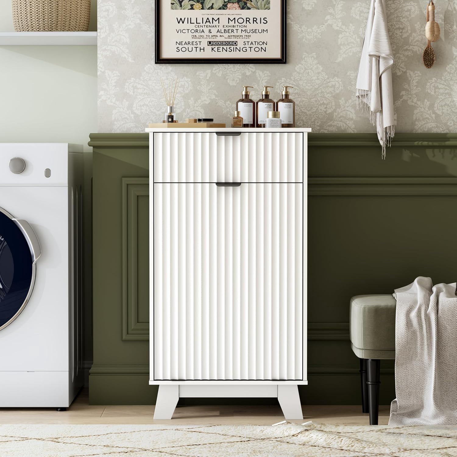 FANRAL Single Tilt Out Laundry Hamper Cabinet,10 Gallon Wooden Hidden Storage Cabinet,Fluted Trash Can for Bathroom Kitchen Living Room,White Laundry Basket Cabinet