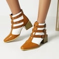thumbnail image 4 of Ladies Chunky Heel Colorblock Belt Buckle Back Zipper Mid Heel Motorcycle Boots, 4 of 7