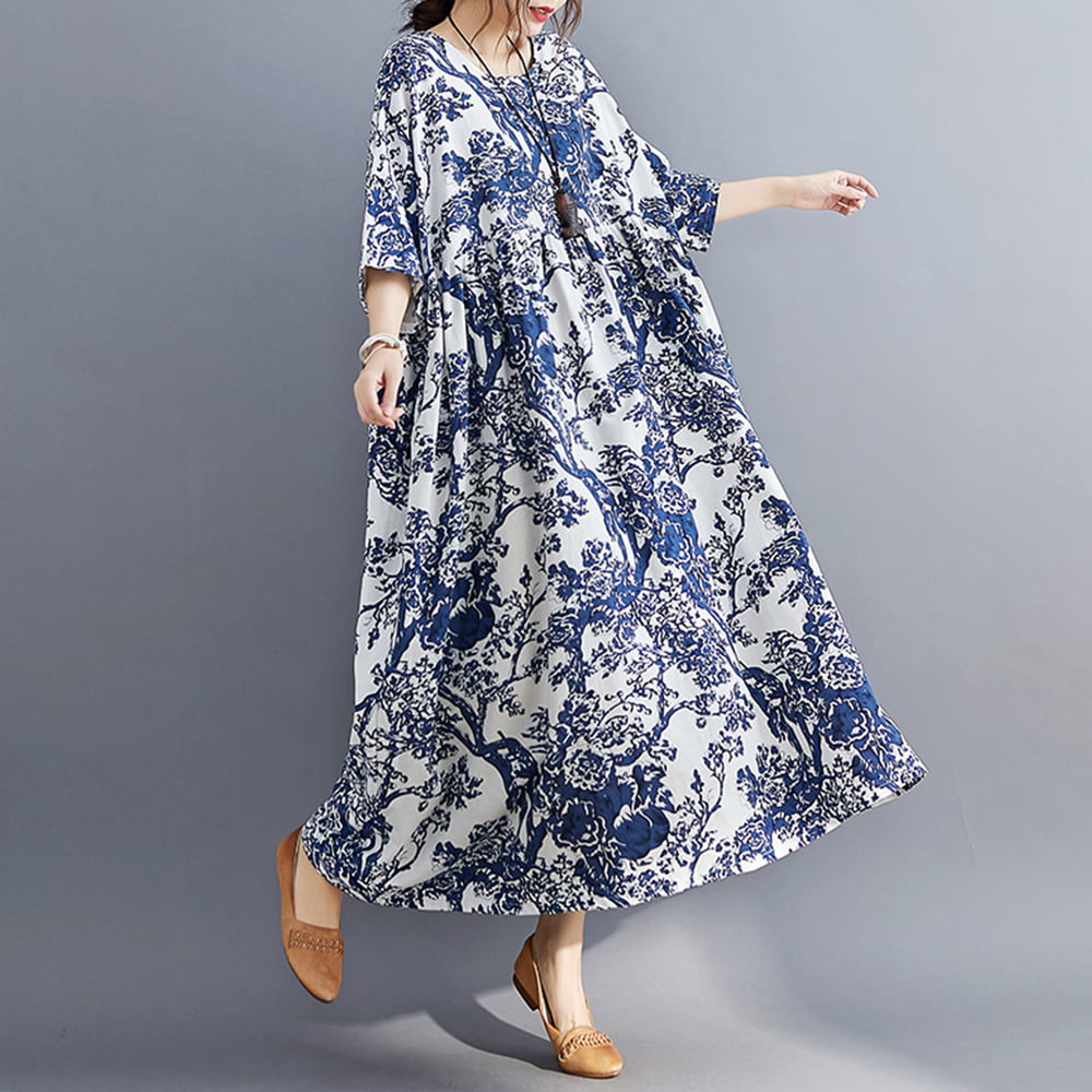 New Summer Women Irregular Short Sleeve Jacquard Cotton Linen Loose Casual  Dress