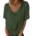 thumbnail image 2 of Bovemsi Summer New Loose T Shirt for Women V Neck Casual Cotton and Linen Blouse Women, Green Women's Summer Short Sleeve T-Shirts, M, 2 of 4