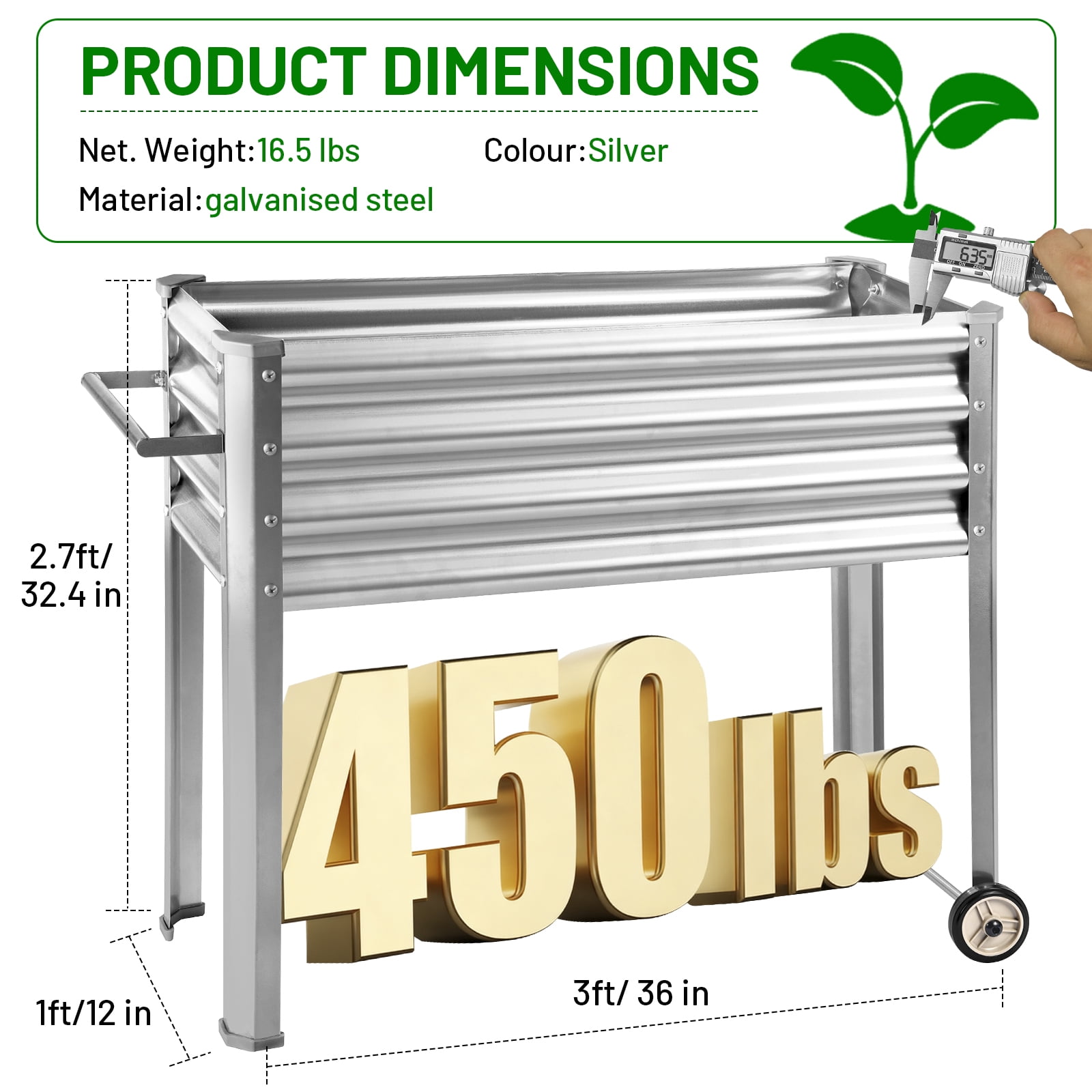 Land Guard Mobile Galvanized Raised Garden Bed with Legs & Wheels, 36''×12''×35'' Large Metal Elevated Raised Planter Box for Backyard, Patio, Balcony, 400lb Capacity(Sliver)