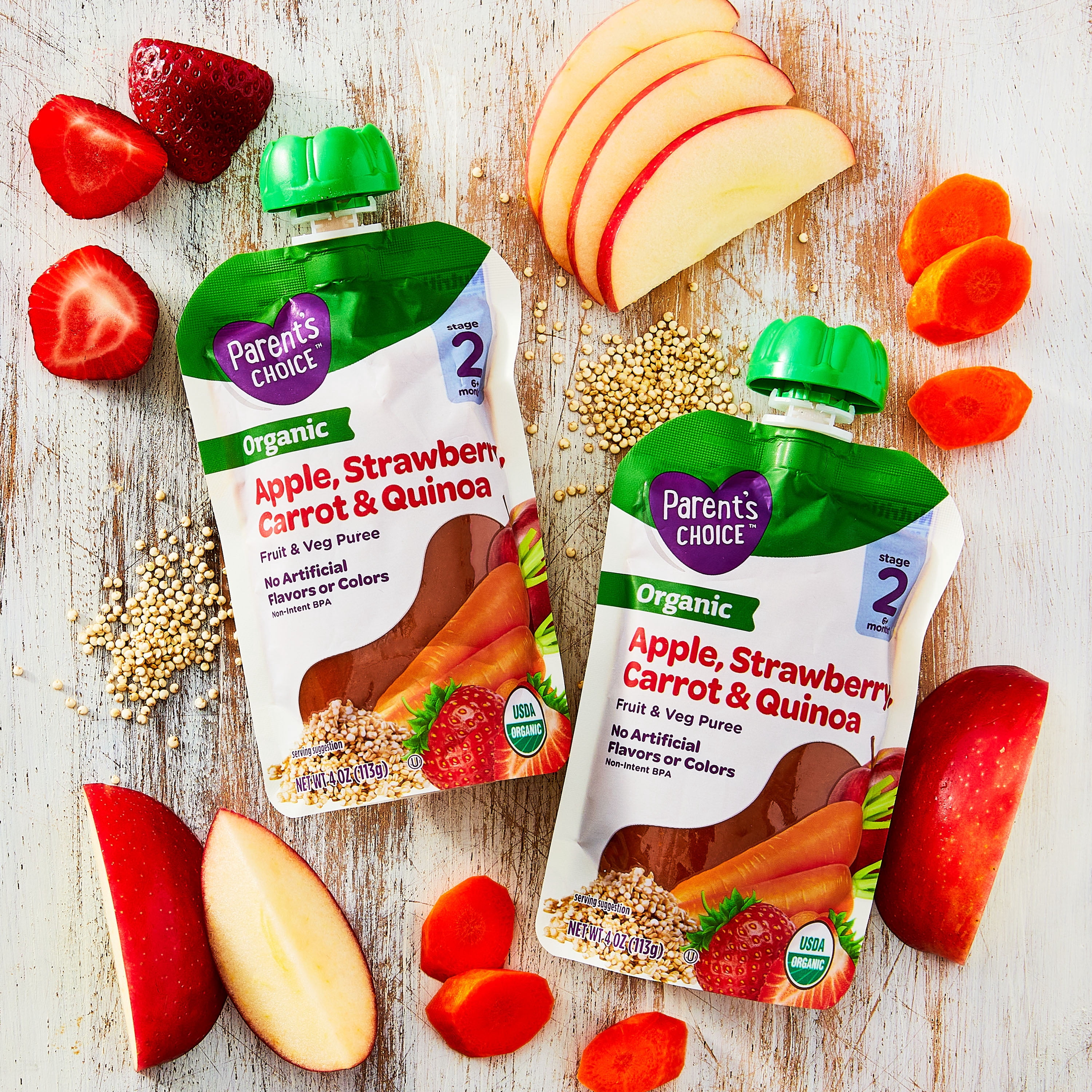 (3 pack) Parent's Choice Organic Stage 2 Baby Food Apple, Strawberry, Carrot & Quinoa, 4 oz Pouches, 4 Pack