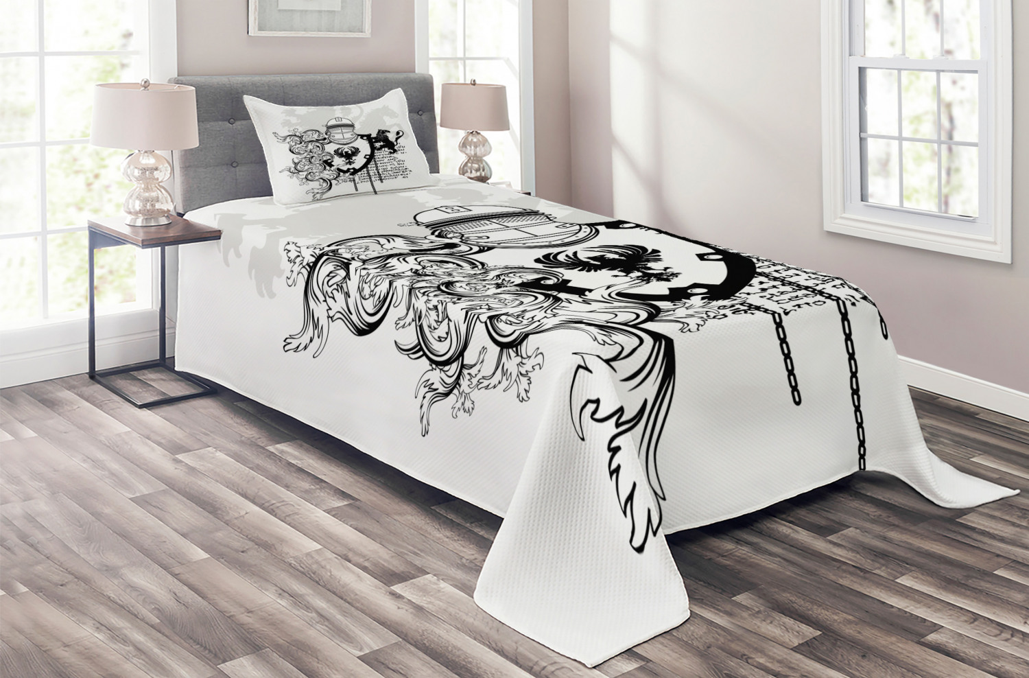 Medieval Coverlet Set Twin Size, Heraldic Gear Coat of Medieval Knight