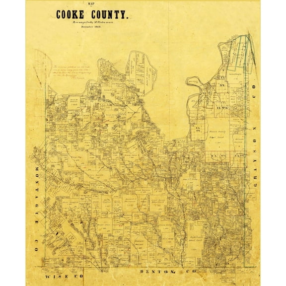Historic County Map - Cooke County Texas - General Land Office 1868 - Vintage Wall Art