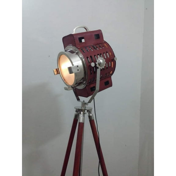 Chrome Light Focus Spotlight Searchlight With Heavy Wooden Tripod Stand Floor Lamp