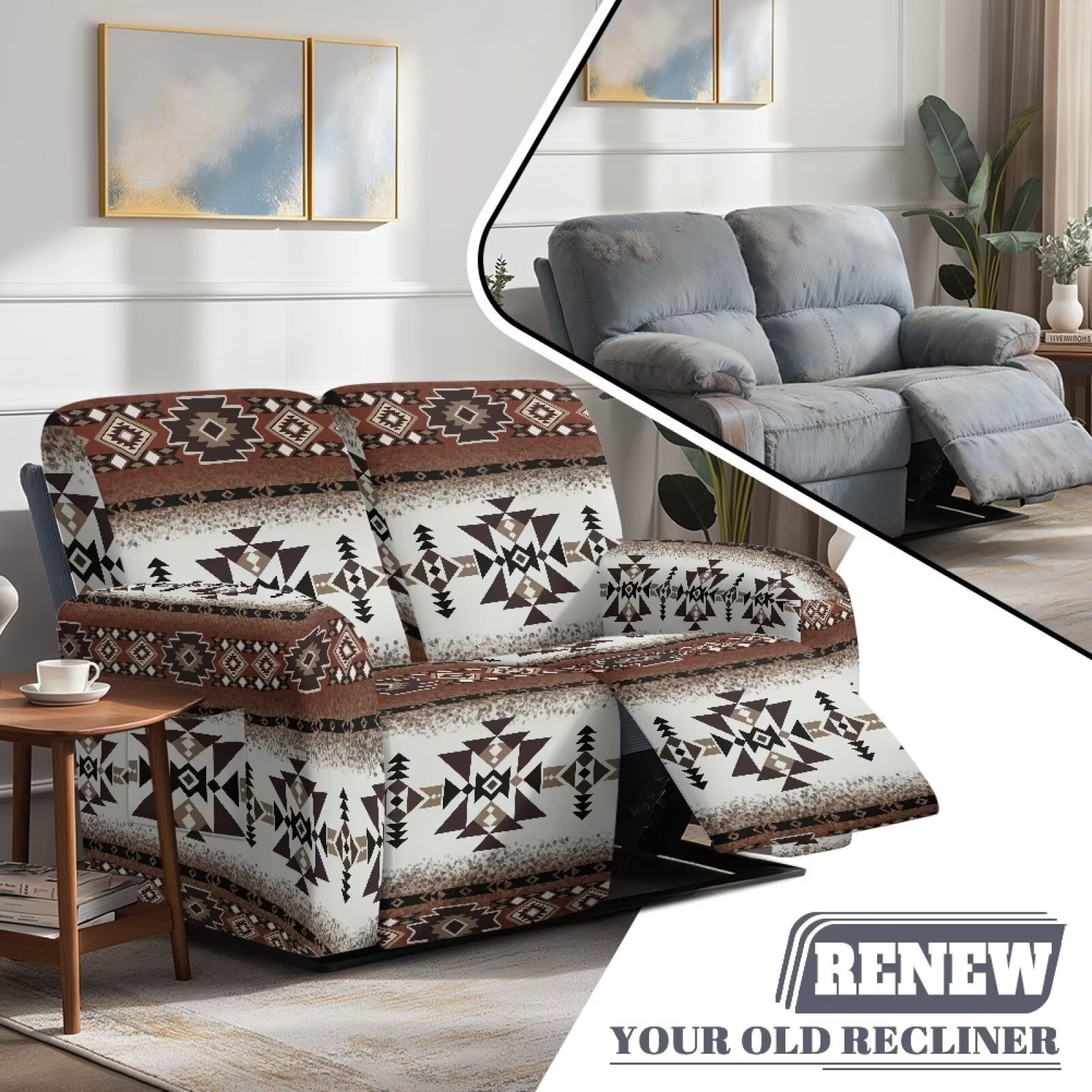 Yuyamidu Aztec Print Loveseat Recliner Covers 2 Seater Washable Recliner Loveseat Slipcover with Elastic Edge Non Slip Furniture Protector Covers for Pet