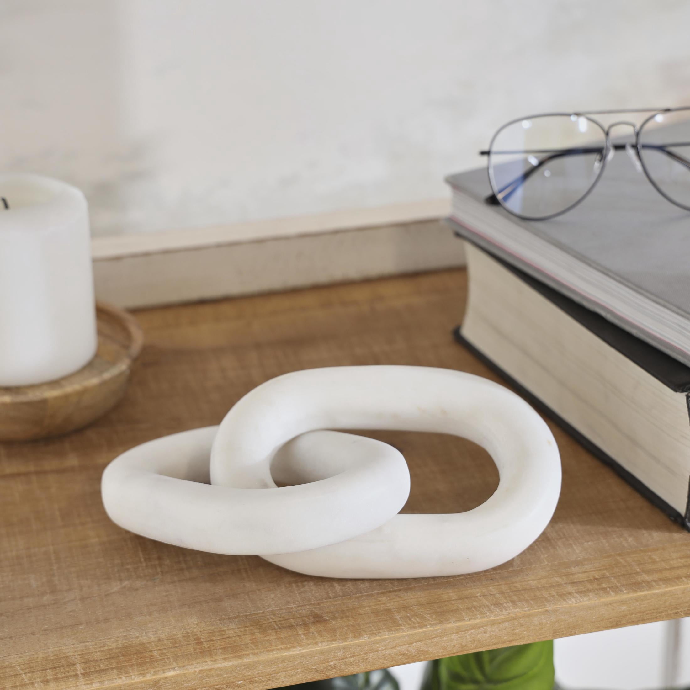 9" x 2" White Marble Handmade Geometric 2 Link Chain Sculpture, by DecMode