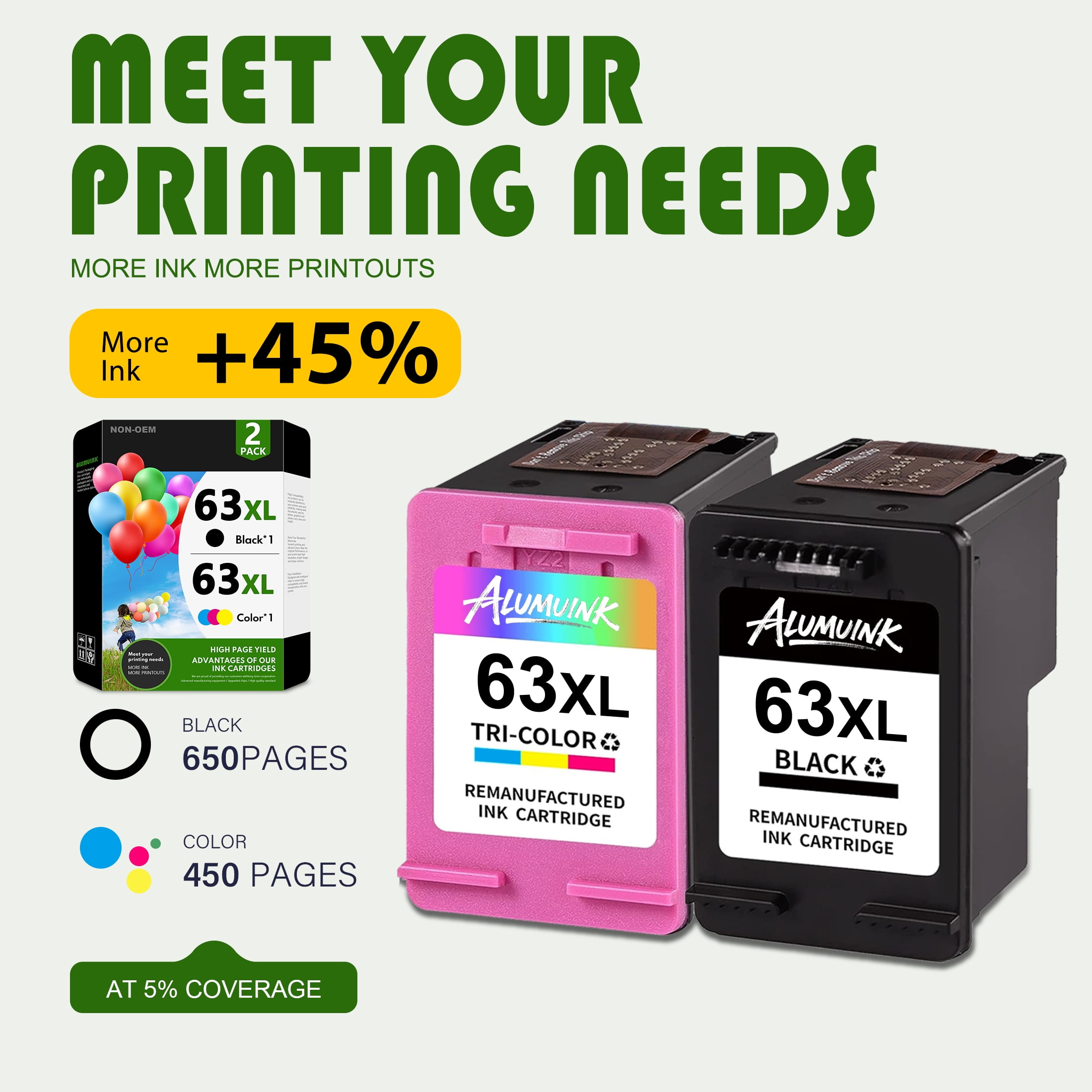 63XL 63 Ink Cartridges Compatible for HP63 XL Ink Cartridges Combo Pack  Home Printer Deskjet 1112 2130 ENVY 4512 OfficeJet 5255(2-Pack)