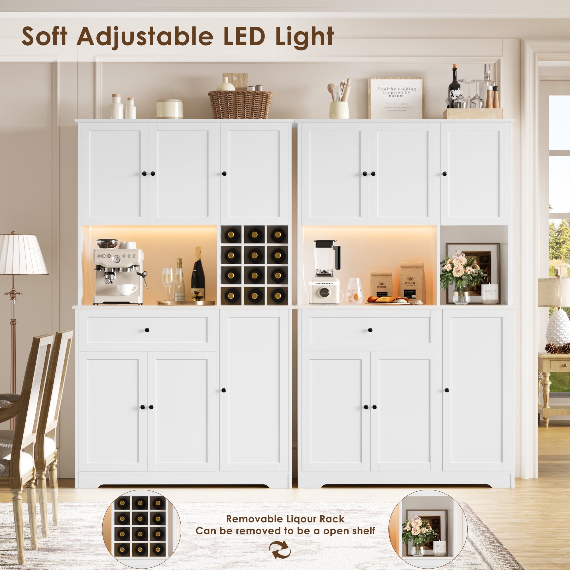 Hiphuta 71" Kitchen Pantry with 7-Color LED Light and Charging Station, Tall Pantry Cabinet with Microwave Stand, Modern Freestanding Hutch with Storage Drawer for Dining Room, White