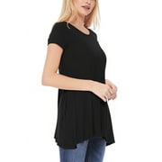 Women's A-Line Short Sleeve Relaxed Fit Round Neck Solid Tunic Top with Pockets