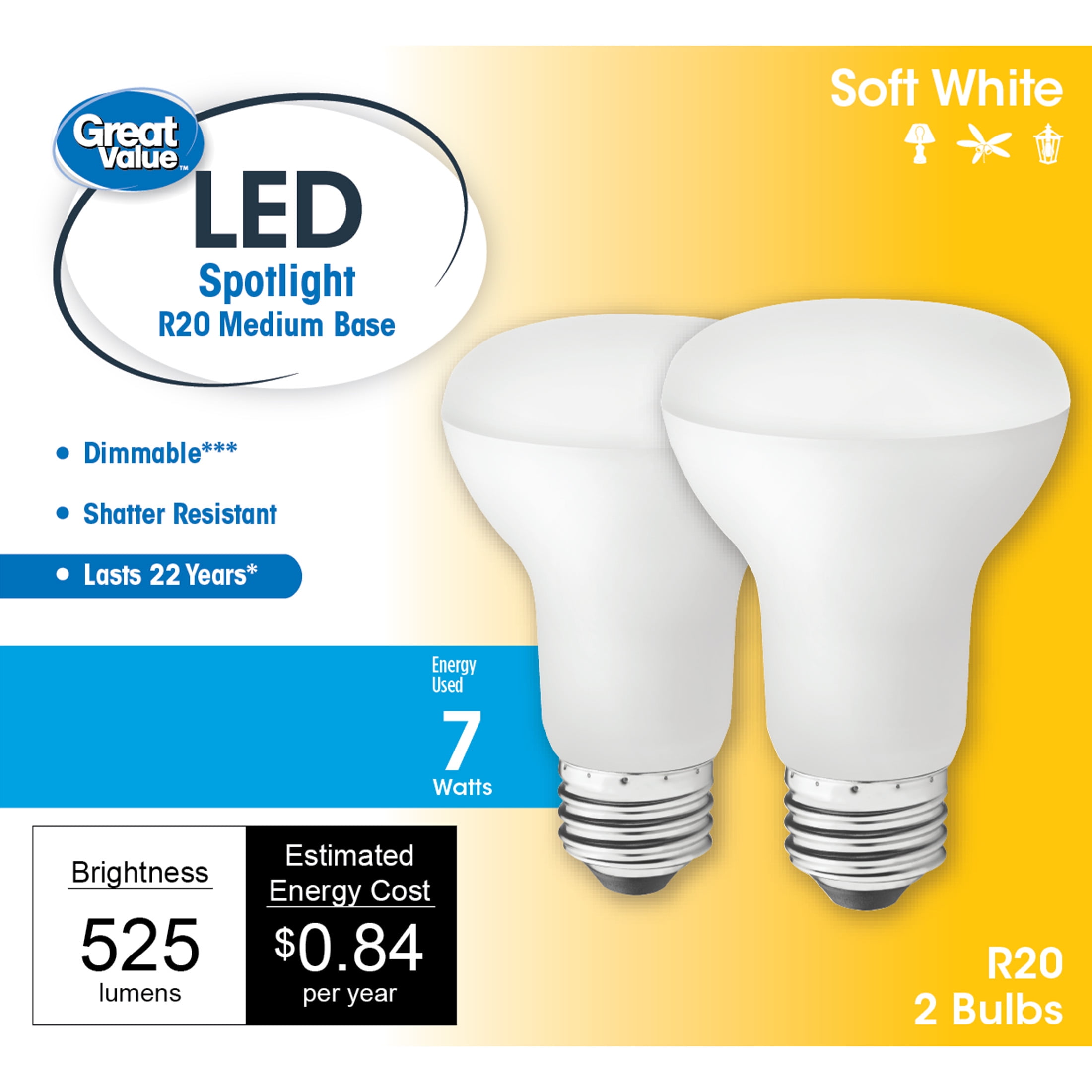 7 Watt 50W Equivalent 3000k Bright White E26 Medium Base 4 Pack R20 LED Floodlight Energy Star 550 Lumens Dimmable