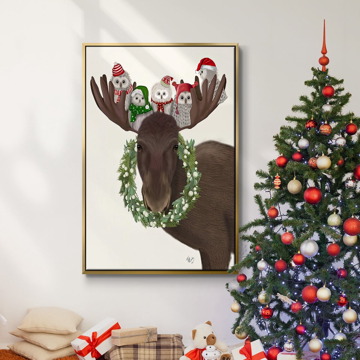 Christmas Moose and Christmas Owls - Framed Gallery Wrapped Holiday Canvas - 17 x 25 - Gold Frame