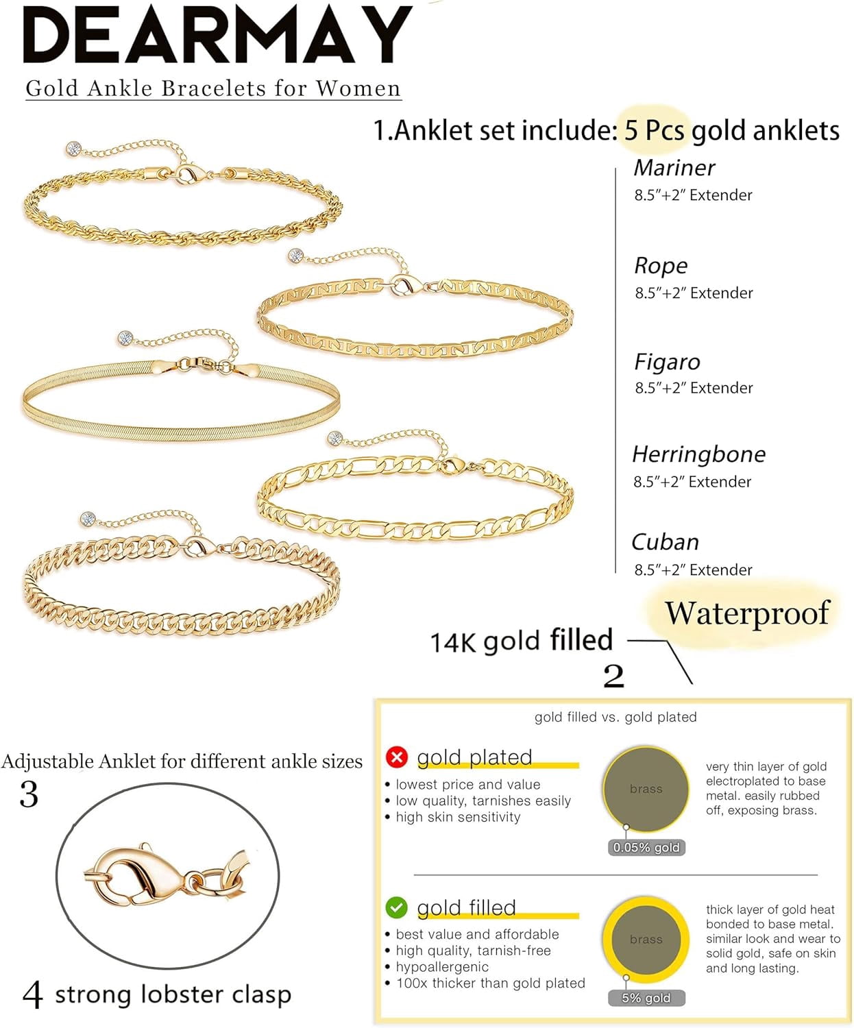 Gold Ankle Bracelets for Women Waterproof - Dainty 6Pcs 14K Gold Plated Anklets Layered Cuban Link Chain Herringbone Cute Anklets Set Pack Summer Beach Jewelry Gift for Women Teen
