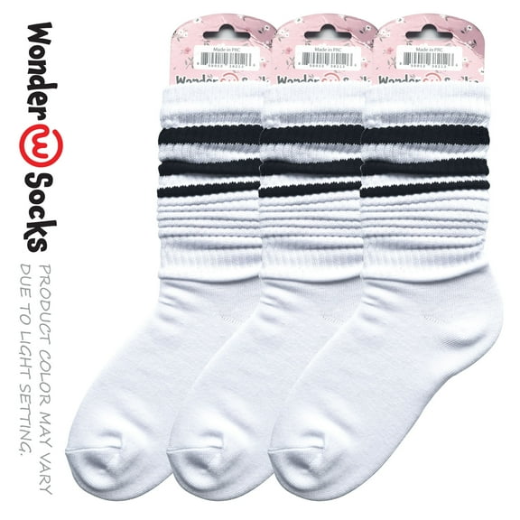 Wonder Slouch Striped Socks White with Black Lines 3-Pair Pack (Total 6 PCS)