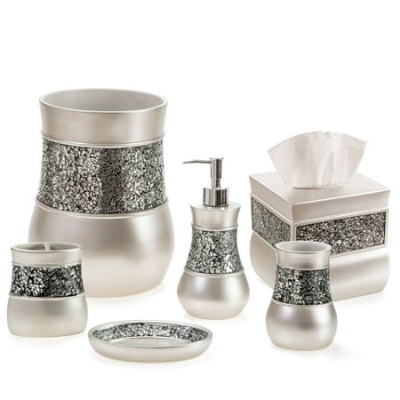 Decorative 6 Piece Bathroom Accessories Set  Bath Accessory Set Features Soap Dispenser  Toothbrush Holder  Tumbler  Soap Dish  Square Tissue Cover & Trash Can (Silver Colored)