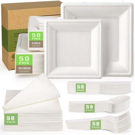 Gezond Compostable Paper Plates Set 300pcs Disposable Sugarcane Plates 10 Inch Eco-friendly White Square Plates with Napkins Biodegradable Heavy-duty Utensils for Party
