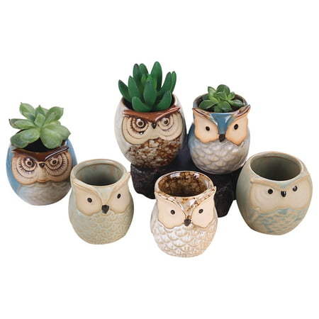 6pcs Ceramic Owl Plant Pot Flowing Glaze Base Creative Flower Container as