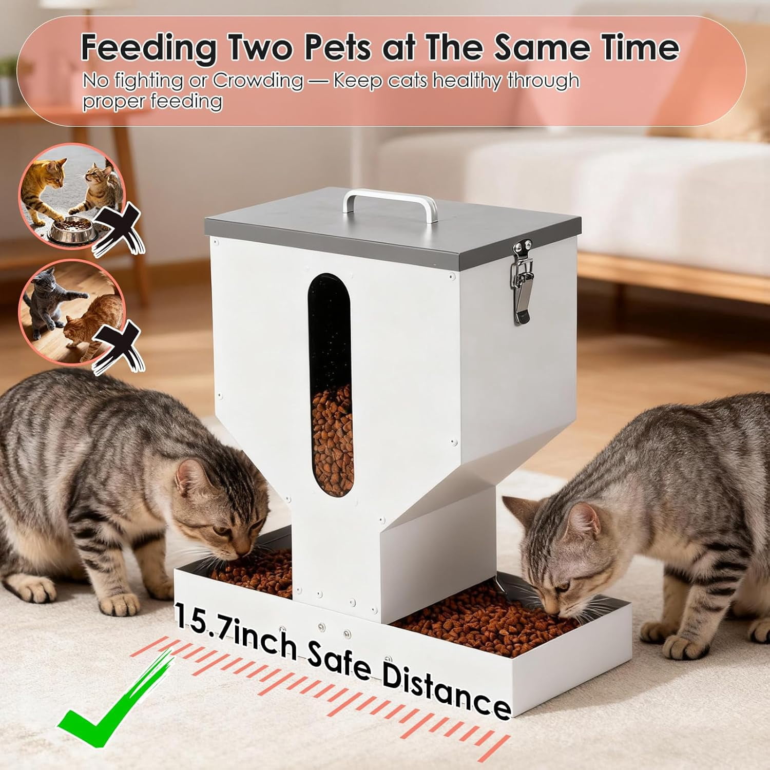 Automatic Cat Feeder for 2 Cats - 12L Gravity Dual Pet Food Dispenser with Visible Window & Sturdy Galvanized Steel Design for Indoor Outdoor Use