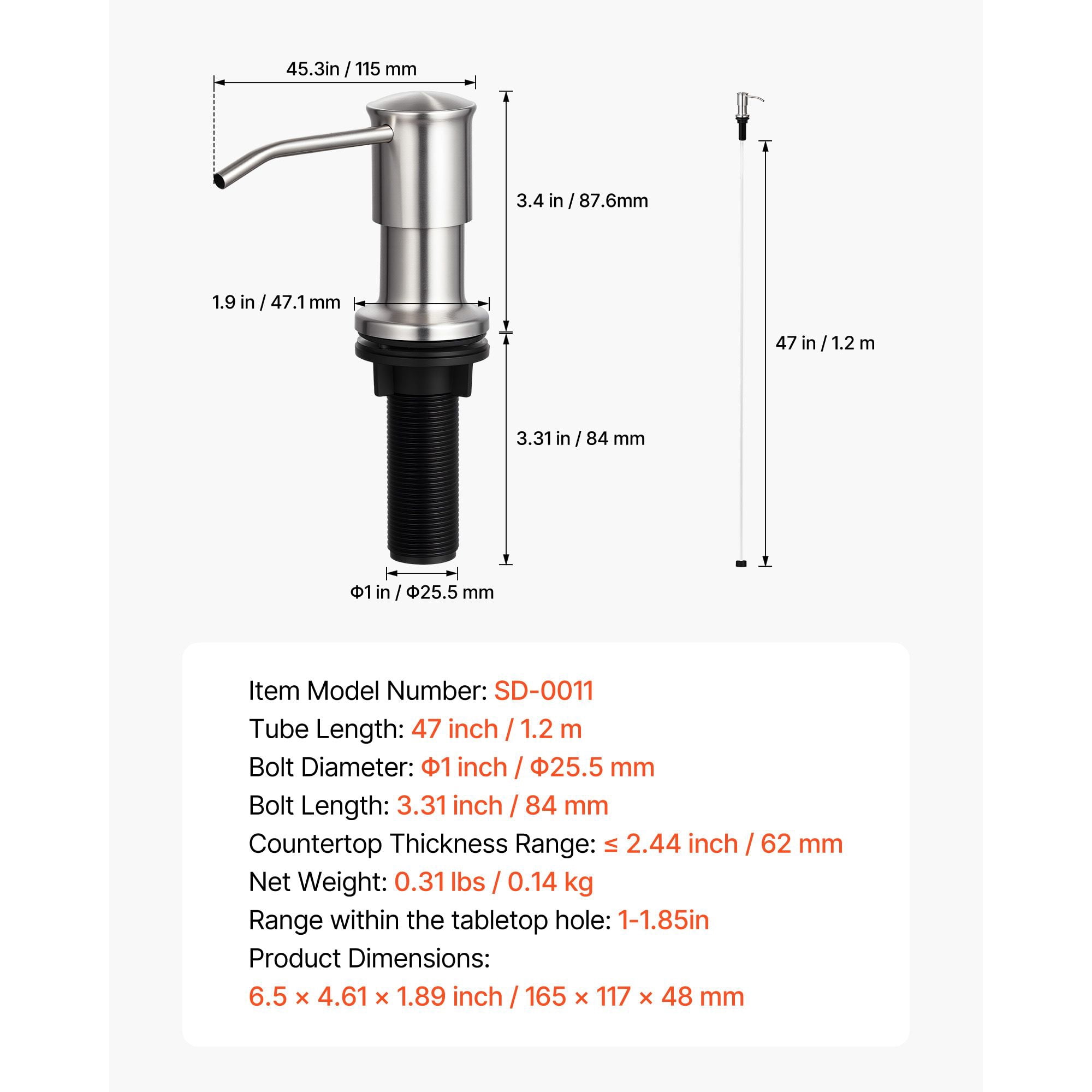 Kitchen Sink Soap Dispenser Stainless Steel, Universal Fit Extension Tube Kit, 360° Rotating Pump Head Built-in Countertop Liquid Dispenser