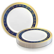 Smarty 10.25" White w/ Blue & Gold Royal Rim Plastic Dinner Plates 120ct