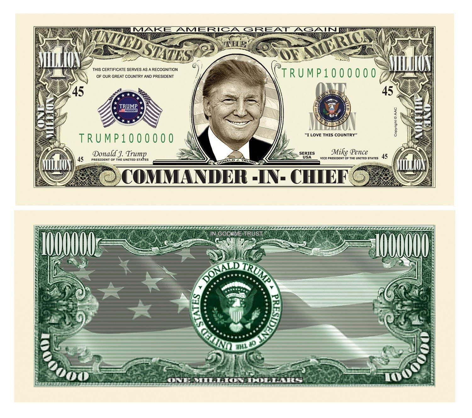 10 Donald Trump Commander In Chief Million Dollar Bills with Bonus “Thanks  a Million” Gift Card Set
