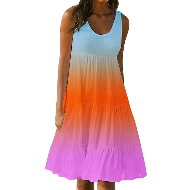 Ohufall Robe Midi Décontractée pour Femmes Dégradé Grande Taille Robes Tendance Col Rond Sans Manches Robe de Plage, taille p-5TG