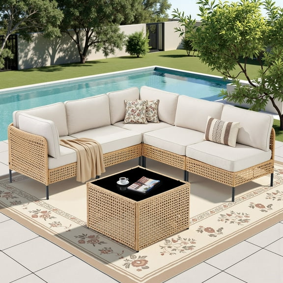 Lumiinofami 6 Piece Patio Furniture Sets, Boho Rattan Outdoor Sectional Conversation Sets with Beige Cushions and Coffee Table for Balcony Garden Deck