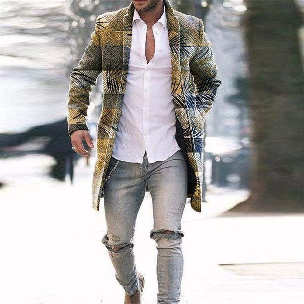 Mens Winter Long Wool Coat Solid Color Long Sleeve Lapel Single Breasted  Fit Windbreaker Overcoat