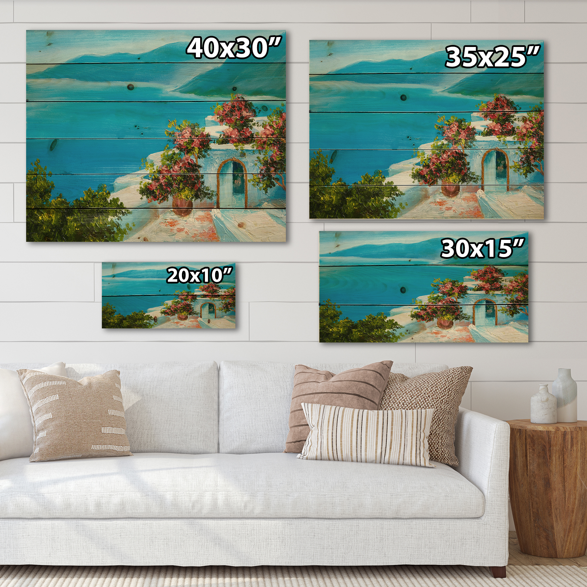 Designart 'House With Colorful Flowers Near The Sea I' Nautical & Coastal Print on Natural Pine Wood