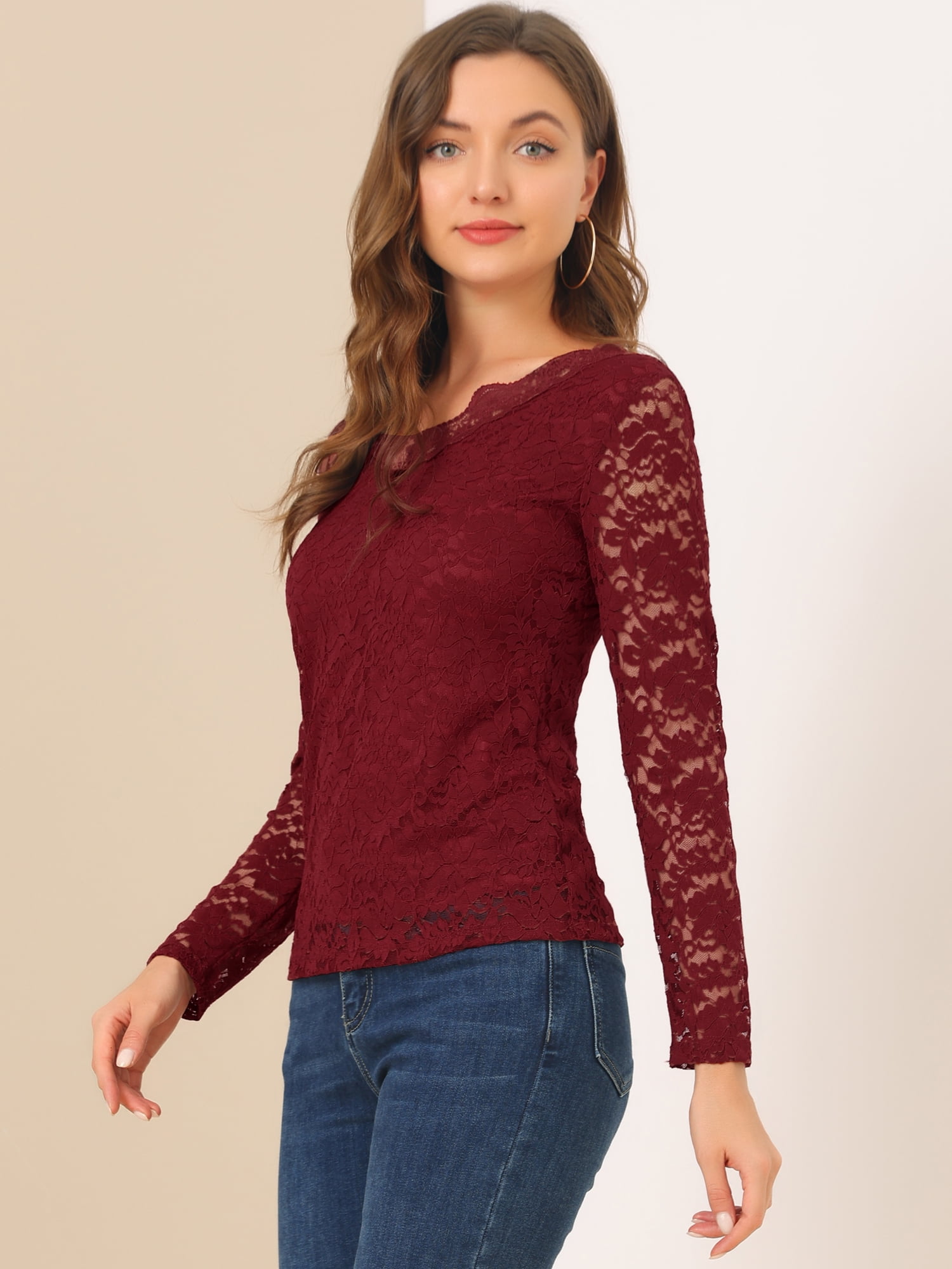 DARING DIVA Floral Lace Shirt Lace Scalloped Trim Blouse S Burgundy