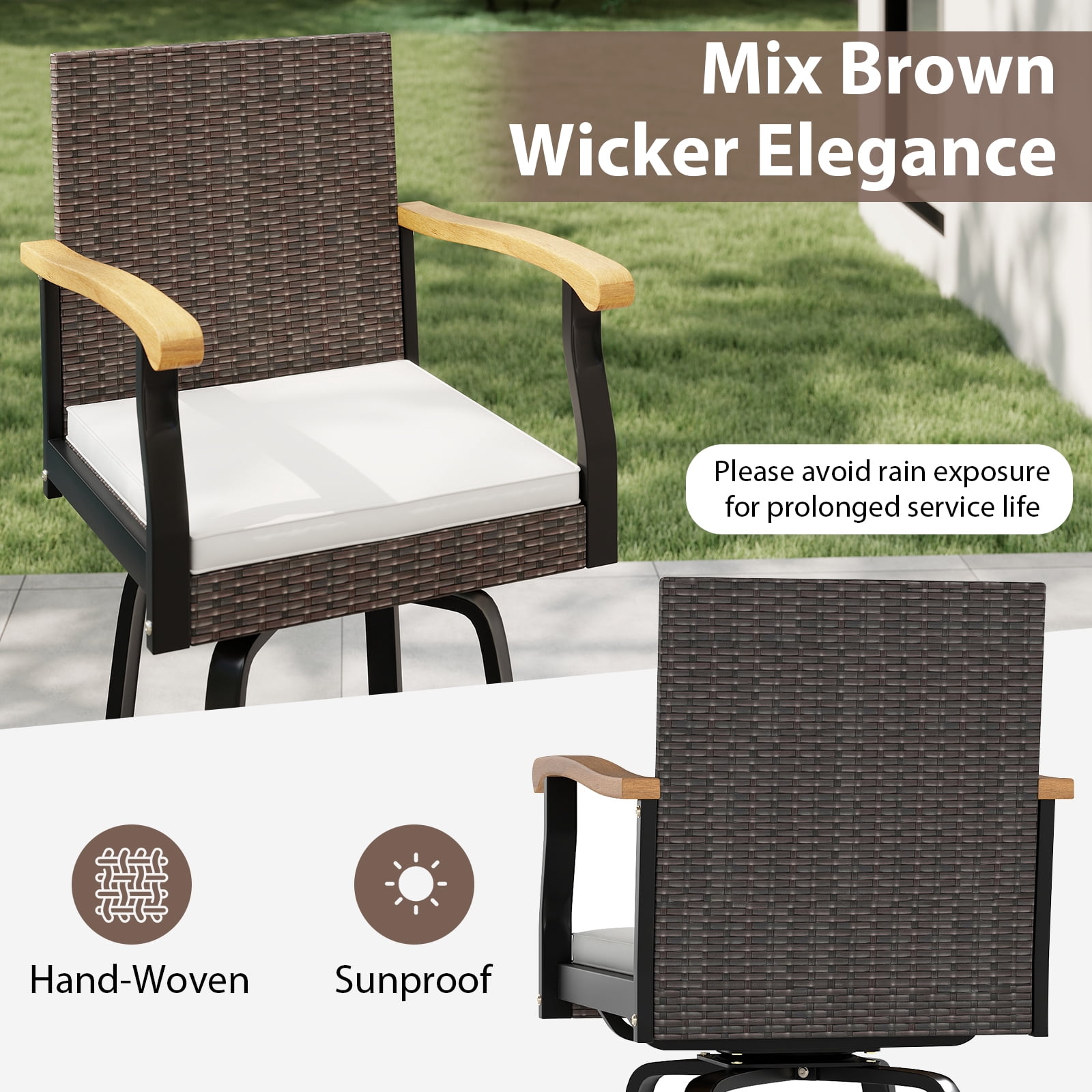 Gymax Outdoor Rattan 360 degree Swivel Bar Stool w/ Removable Cushion Footrests