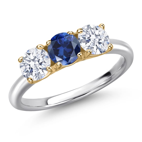 Gem Stone King 10K Two Tone Gold Blue Created Sapphire and White Zirconia Engagement Ring for Women | 2.10 Cttw | Round 5MM | Gemstone September Birthstone | Size 8