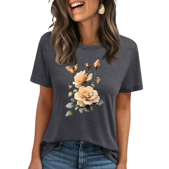 Floruhand Women's Boho Flower T Shirt Vintage Flowers Printed Shirt Graphic Tee Casual Botanical Short Sleeve Tops