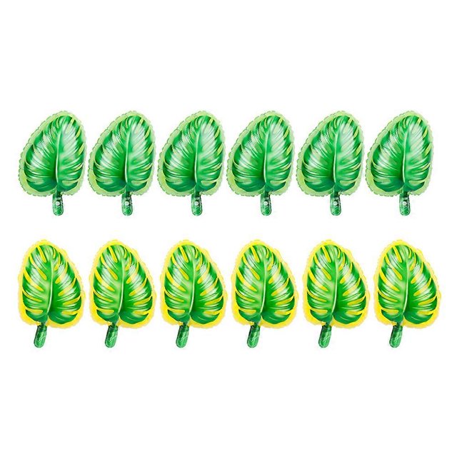 12pcs Palm Leaf Shaped Balloon Monstera Balloons Hawaiian Aluminum Foil Balloons Summer Party Layout Supply Decoration (Green + Yellow Edge)
