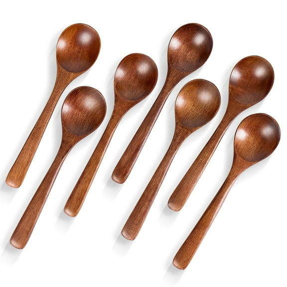 HSM 7 PCS Small Wooden Spoons, 7 inch Small Wooden Spoons for Honey, Coffee, Desserts, Jars & Canisters, Serving Spoons for Cooking, Fruit, Chips, Salad, Eating, Cereal & Soup