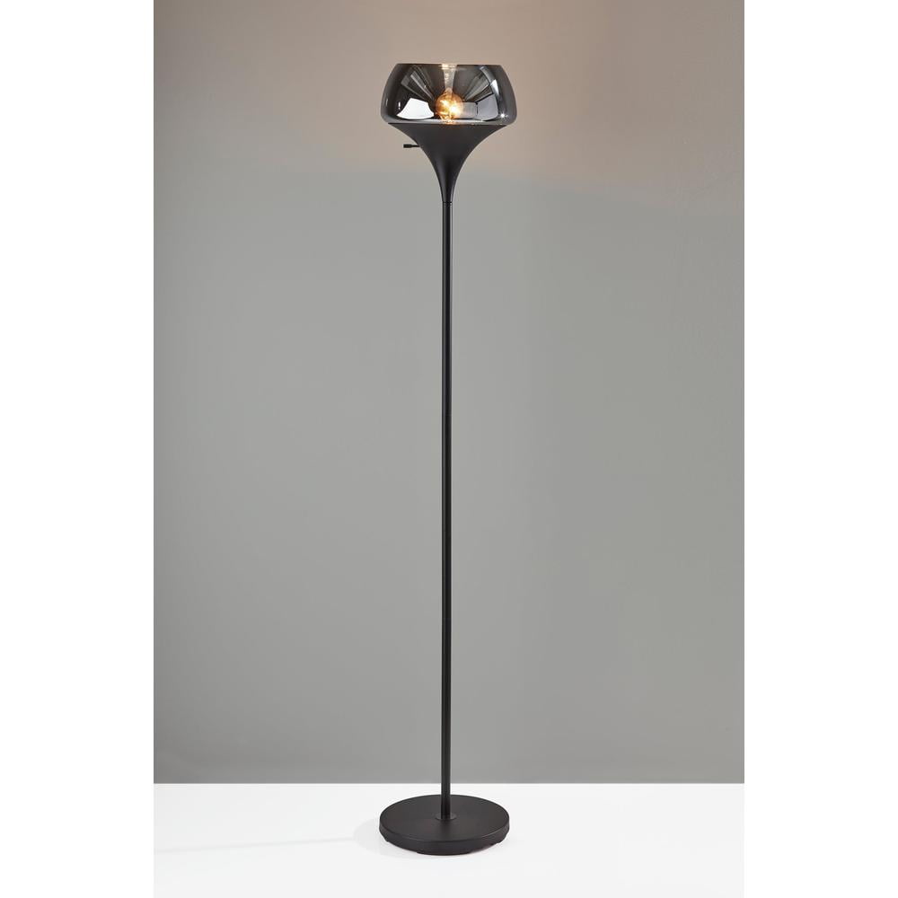 Eliza Torchiere Contemporary Floor Lamp with Black Metal and Smoked Mercry Glass Shade