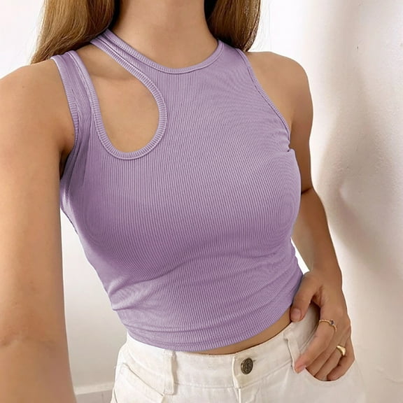 Wycnly Summer Tank Tops Plain Crewneck Sleeveless T Shirts for Women Sexy Hollowed Solid Knitted Ribbed Slim Fit Blouse Vest Purple l Under $5