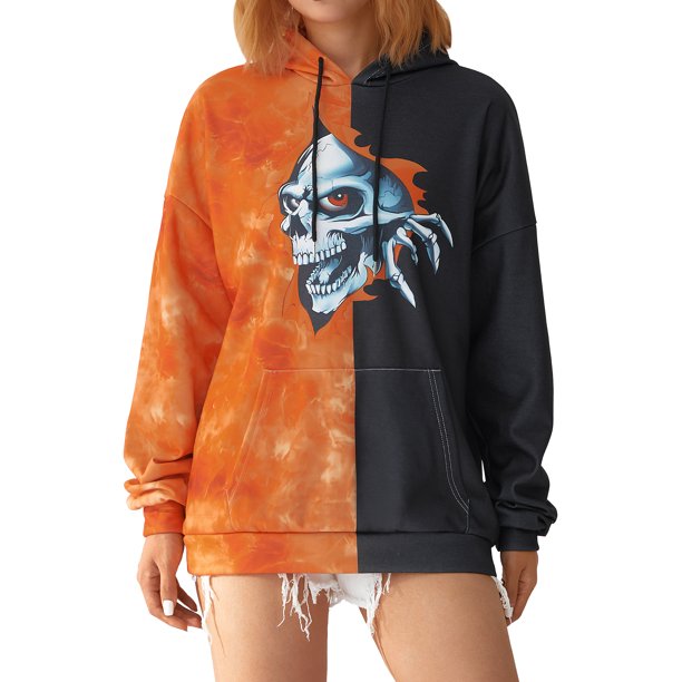 TRKIYQC Sudadera con Capucha de Manga Larga para Mujer, Color de Contraste Cráneo Impreso Patchwork Sombrero con cordón Suéter de Ajuste Suelto, Tops Casuales de Estilo de Calle TRKIYQC moda