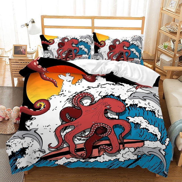 Pulpo Juego de Funda Nórdica King Size, Sunset Pulpo Surf Ropa de Cama para Niños Niños