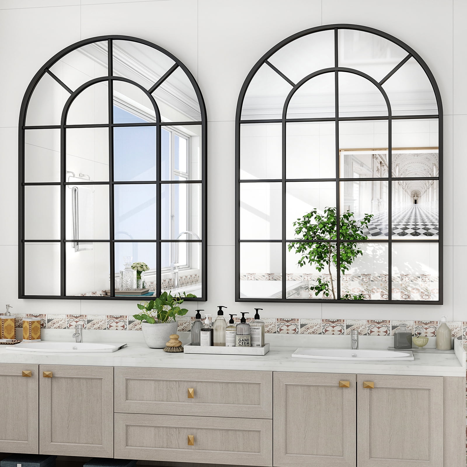Easy4Home 40" x 30" Windowpane Arched Mirror Decorative Grid Wall Mirror, Black