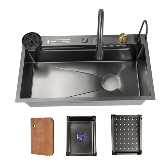 31.5" Flying Rain Waterfall Kitchen Sink Stainless Steel With Faucet Single Bowl