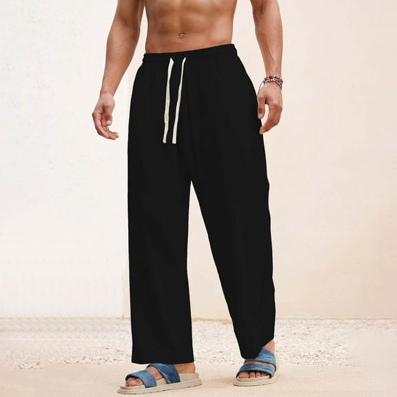 PNTUTB Men's Lightweight Breathable Solid Color Casual Stretch Drawstring Waist Wide-Leg Pants