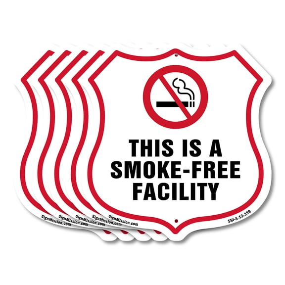 No Smoking Shield Label Set This Is A Smoke Free Facility (5 Pack) 12 inch X 12 inch Shield-Shaped Rust-Free Aluminum Metal Signs Weather Resistant, UV Protected for Workplace Made in