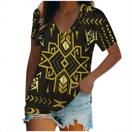 

Plus Size Tops for Women Womens Shirts Women s Trendy Printed V-Neck Loose Fit Short Sleeve T-shirt Pullover Tops Nursing Tank Tops Black Corset Top Clearance on Sales Yellow XL