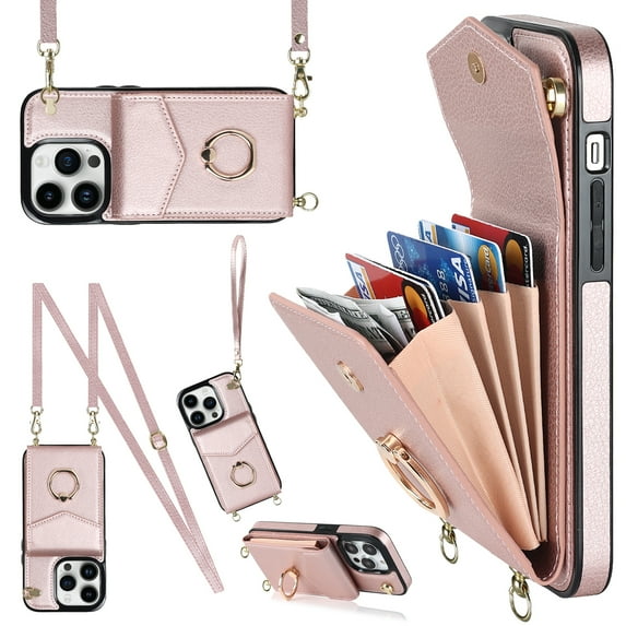 for iPhone 14 Pro Wallet Case with Magnetic RFID Blocking Rotated Ring Holder Kickstand Cover, PU Leather Crossbody Shoulder Strap Lanyard Case with Card Slot Bag Kickstand Case,Rosegold