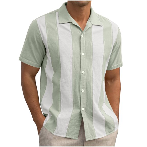Yaoyar Men's Summer Retro Color Block Striped Patchwork Short Sleeve Shirt, Loose Fit Casual Collar Top, Vintage Style Button Down Tee, Relaxed Fit Shirt